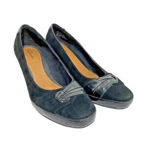 Clarks Artisan Ladies 7M Shoes Black Suede High Heel Pumps Patent Trim Classics